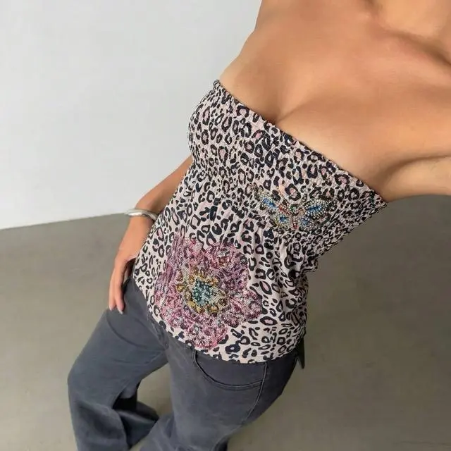 Leopard Print Rhinestone Tube Top | Y2K Butterfly Graphic Bandeau | Aesthetic Sequin Floral Top#leopardprint #tubetop #y2kfashion