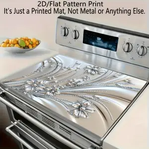 2D Flat Pattern Silver Color Metal Floral Pattern Rubber Stove Protector Print Mat, Heat Resistant, Non-Slip, Water Absorbent, Easy Clean, Kitchen Appliance Pad