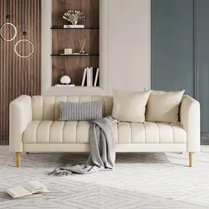 Faux Leather Sofas Couches with 2 Throw Pillows, Mid Century Modern Loveseat Sofa, 3 Seater Sofa and Wood Legs, Easy Assembly, for Living Room and Bedroom, Office Couch