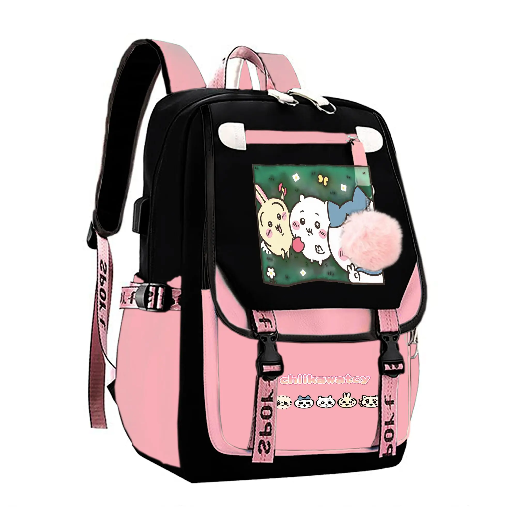 chiikawa Graphic Backpack for Girls, Y2K Pink and Black School Bookbag with Keychain, Waterproof Travel Laptop Bag for Teens College d-5