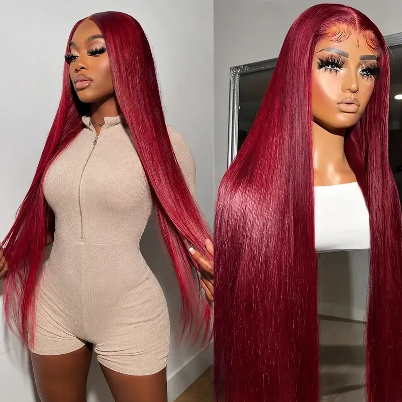 Erqq 13x6 Synthetic Lace Front Wig Long 99j Burgundy Straight Wig for Women 30inch/76cm Pre Plucked Natural Hairline Synthetic Heat Resistant Fiber for Daily Party Use (99j Burgundy Colored Wig) summerwig,budgetfriendlywigs
