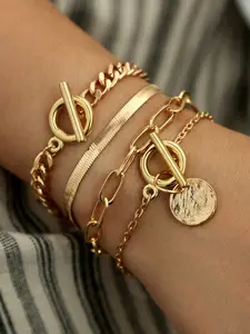 Women's Alloy Bracelet Set, OT Buckle Design, Exaggerated Thread Chain, Four-Piece Fashion Accessory, Stackable Bracelets, Adjustable Bracelets, Stacking Bracelet, Perfect for Daily Wear & Stylish