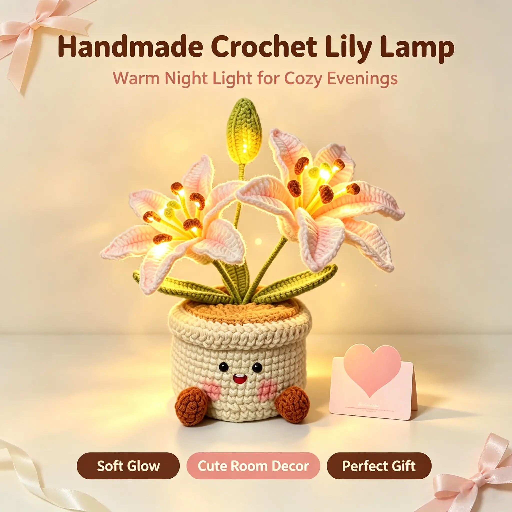 Handmade Crocheted Lily LED Lantern - Warm Light Home Decor, Bedside Desk Ornament, Valentine's Day Gift, Christmas Decoration
