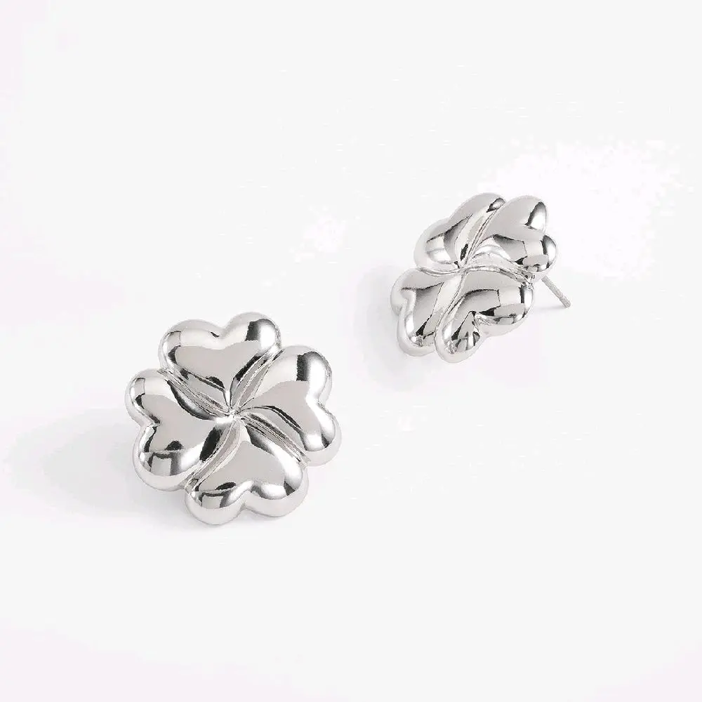 Platinum Plated Earrings Flower Design with Rounded Petals Contemporary Versatile Style 4.4 cm x 4.4 cm