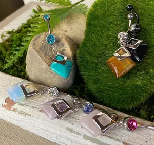 Diamond Shaped Semi-Precious Belly Ring Natural Stone Pierced Navel Naval 14g