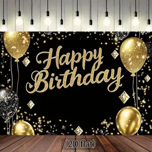 Summervibes 1pc 2D Flat Deluxe Black & Golden Happy Birthday Wishing Banner, Diamond Balloons, Sparkles, Elegant Polyester Photo Backdrop for Indoor/Outdoor Birthday Party Decorations, Party Decorations Banners