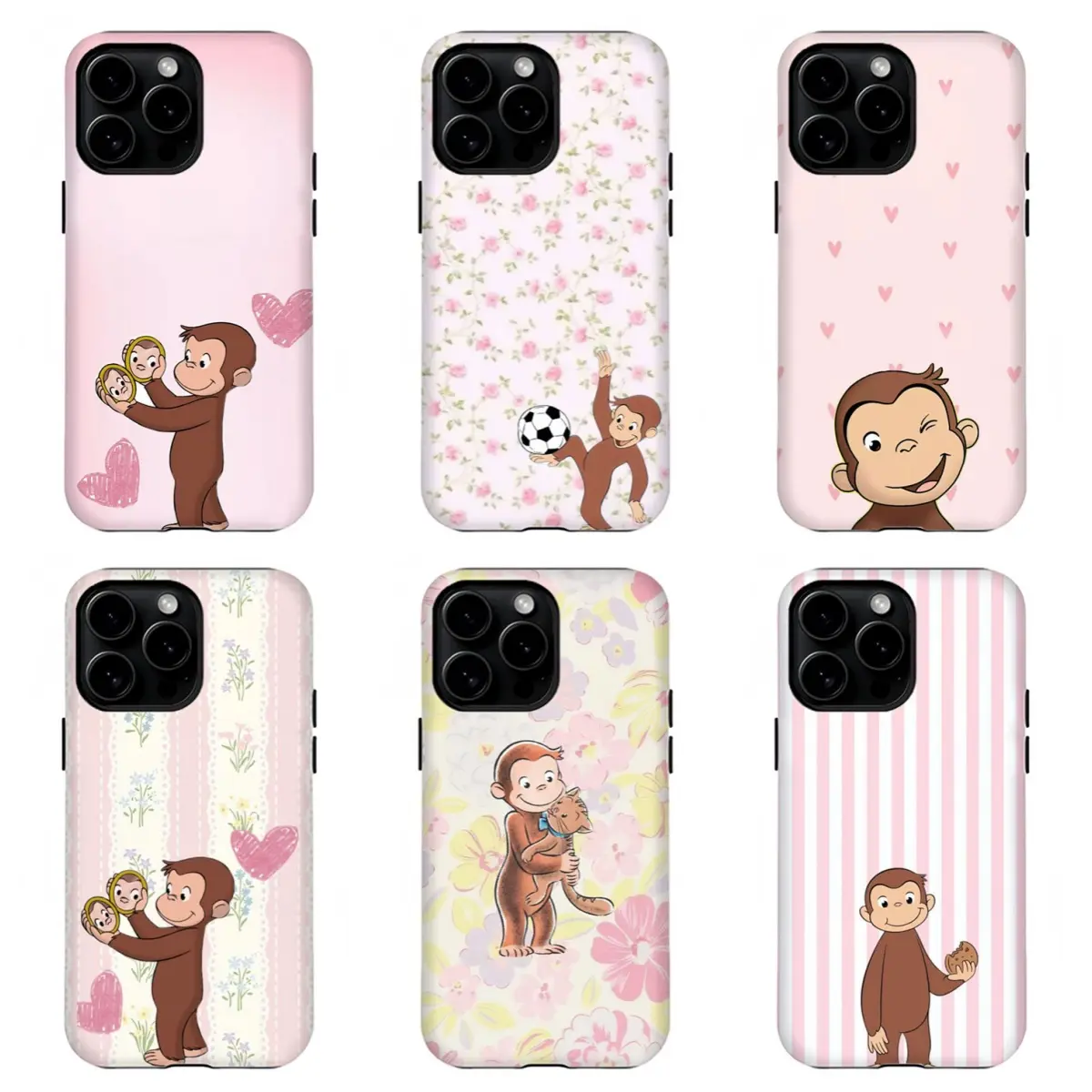 LOSVORF Curious George Pink Floral Phone Case |   Cute Cartoon Monkey Phone Cover For iPhone 17 Pro Max 16 15 14 13 12 11 for Samsung S21 S22 S23 S24 S25 Phone Case |   Curious George Heart Stripe Case