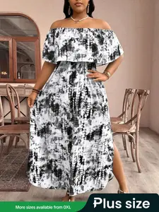 【plus Size】 All Over Tie Dye Print Off Shoulder Dress, Casual Bohemian Fashion Long Dress for Daily Holiday Vacation Wear, Women Plus Clothing for Summer, Boho Style Womenswear, Womenswear, Boho Summer Clothes Women