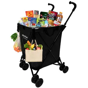 Cart Folding Grocery Shopping and Laundry Cart - Removable Water-Resistant Canvas Bag with Front Locking Swivel Wheels & Rear Brakes, 120Lbs Capacity