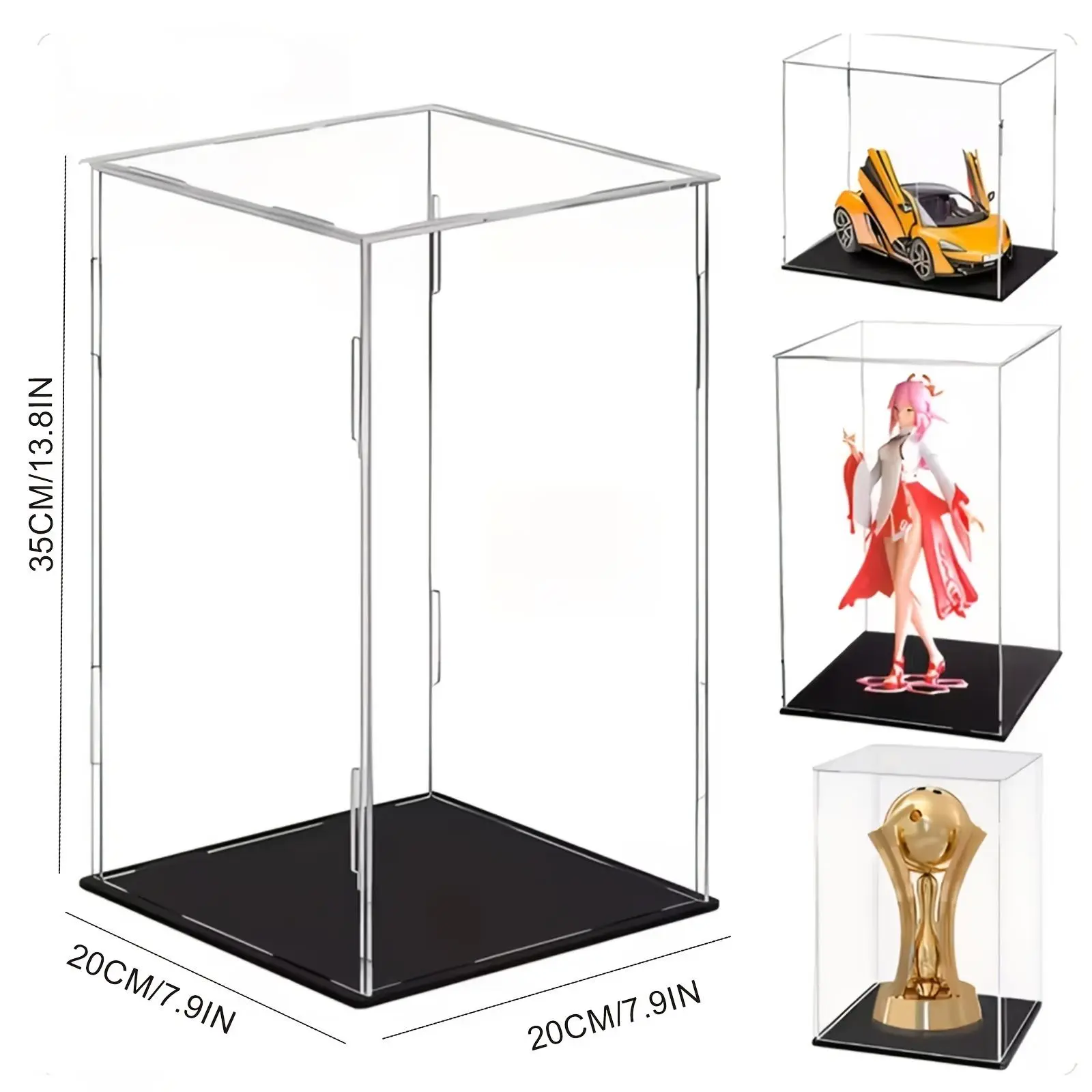 Transparent Acrylic Cube Shape Display Case (8x8x13.7", 20x20xH35cm) - Assemble Box with Black Base, Dustproof Protection for Collecting Memorabilia Figurines
