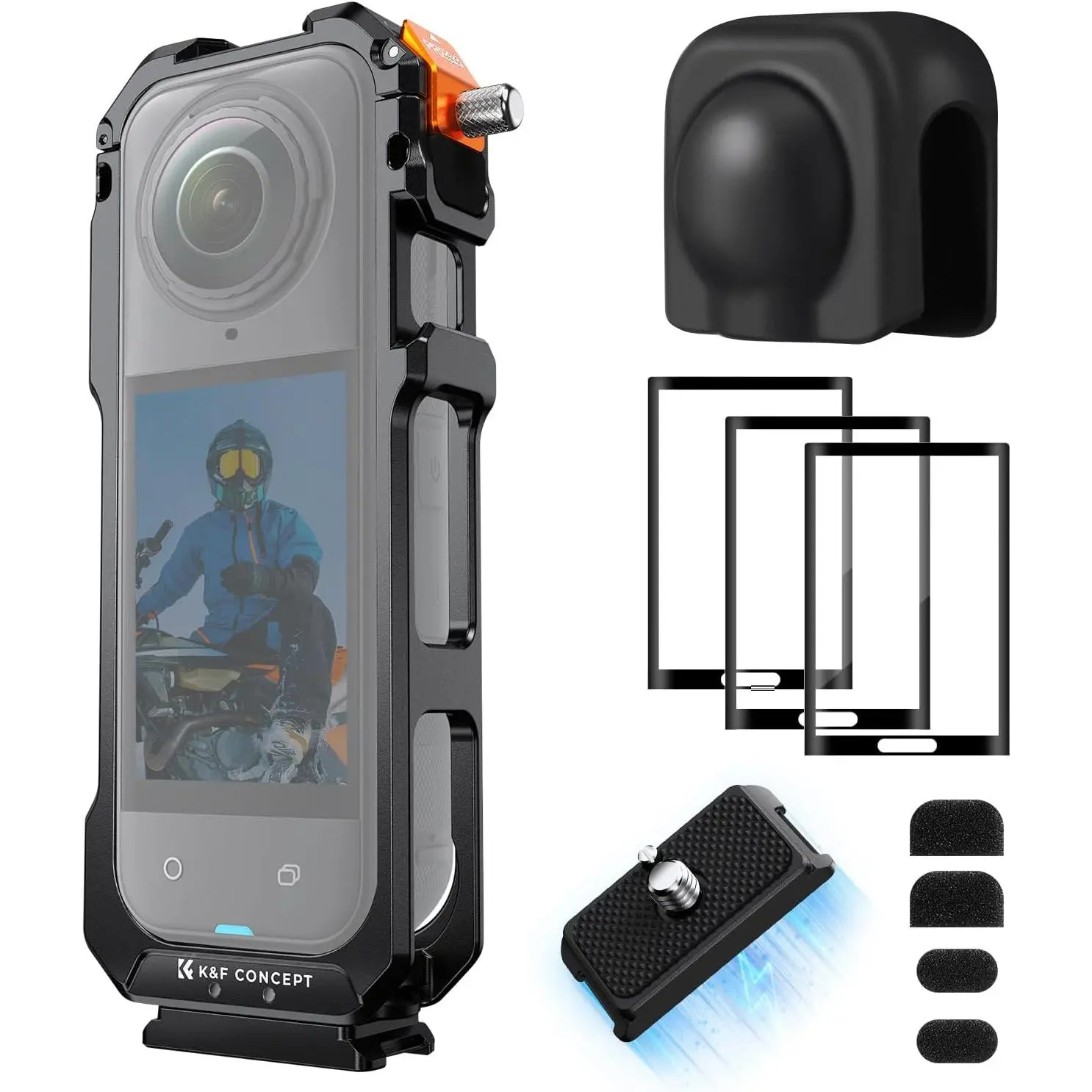 K&F Concept Handheld Camera Cage for Insta360 X5, Aluminum Alloy Protective Frame Case with Silicone Lens Cover, Screen Protector, 1/4"-Screw Hole, 2 Cold Shoe Mounts for Microphone, LED Light