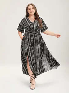 【Plus Size】BLOOMCHIC 2026 Valentine's Gift for Cruise Solid Geometric Dolman Sleeve Pocket Shirred Split Hem Beige Blue Black Half Sleeve Regular Fit Long Dress for Women Spring Summer Casual Vneck Elegant Birthday Dress - Shortsleeve Womenswear Fabric