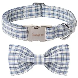 Classic Plaid Cotton Dog Collar with Bow – Breathable Spring Summer Collar in Blue & White Grid, Adjustable Fit for Small Medium Large Dogs, Boys & Girls