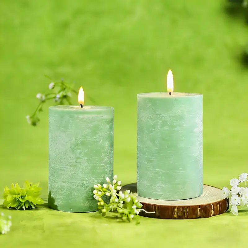 2-Pack Grayish Green Pillar Candles, 5x7.5cm Unscented Soy & Beeswax Blend, 55 Hours Long Burning, Drip-Free Smokeless, Perfect for Easter, Weddings & Home Ambiance Decor Decoration Gift Cozy Matte Minimalist Set Minimalist Ornaments Perfume Aroma Perfume