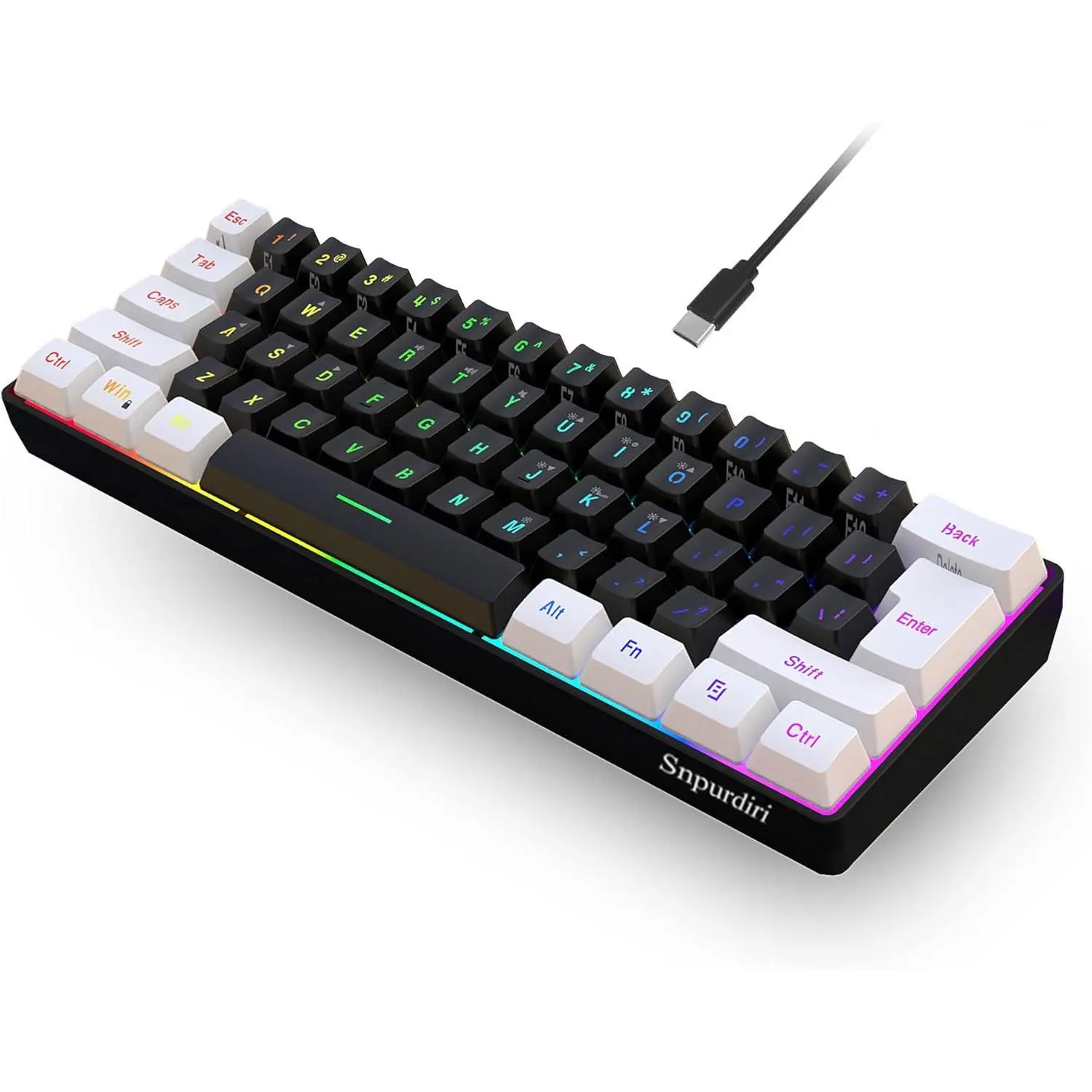 Snpurdiri 60% Wired Gaming Keyboard, RGB Backlit Membrane Keyboard, Ultra-Compact Mini Waterproof Keyboard for PC Gamers, White and Black