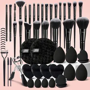48Pcs Professional Makeup Brush Set Foundation Powder Concealer Eyeshadow Brushes,with Mini and Standard Makeup Sponges,Mini Heart Powder Puff,Heart Shape Powder Puffs,Eyelash Curler,Eyelash Brush,Eyelash Comb Separator,Cleaning Sponge