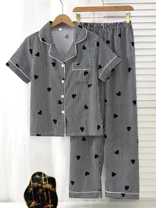 Women's Striped Heart Sleepwear Set, Loungewear, Lounge Sets, Short Sleeve + Long Pants, Casual Elegant Pajamas, Pjs, Home Wear, Outdoors, Party, Holiday Gift