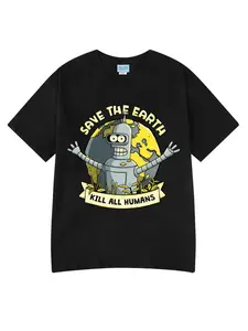 Funny Robot T-Shirt - European-style Cartoon Cute Robot Pattern Crew-neck Casual Short-sleeved T-shirt for Both Men and Women