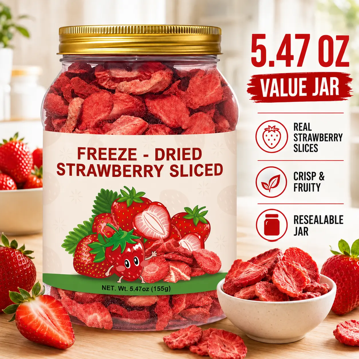 Freeze Dried Strawberry Slices 5.47oz – Crispy Natural Strawberry Snack for Yogurt, Smoothies, Oatmeal, Baking & Desserts – Resealable Jar Fruit Dry,camping essentials