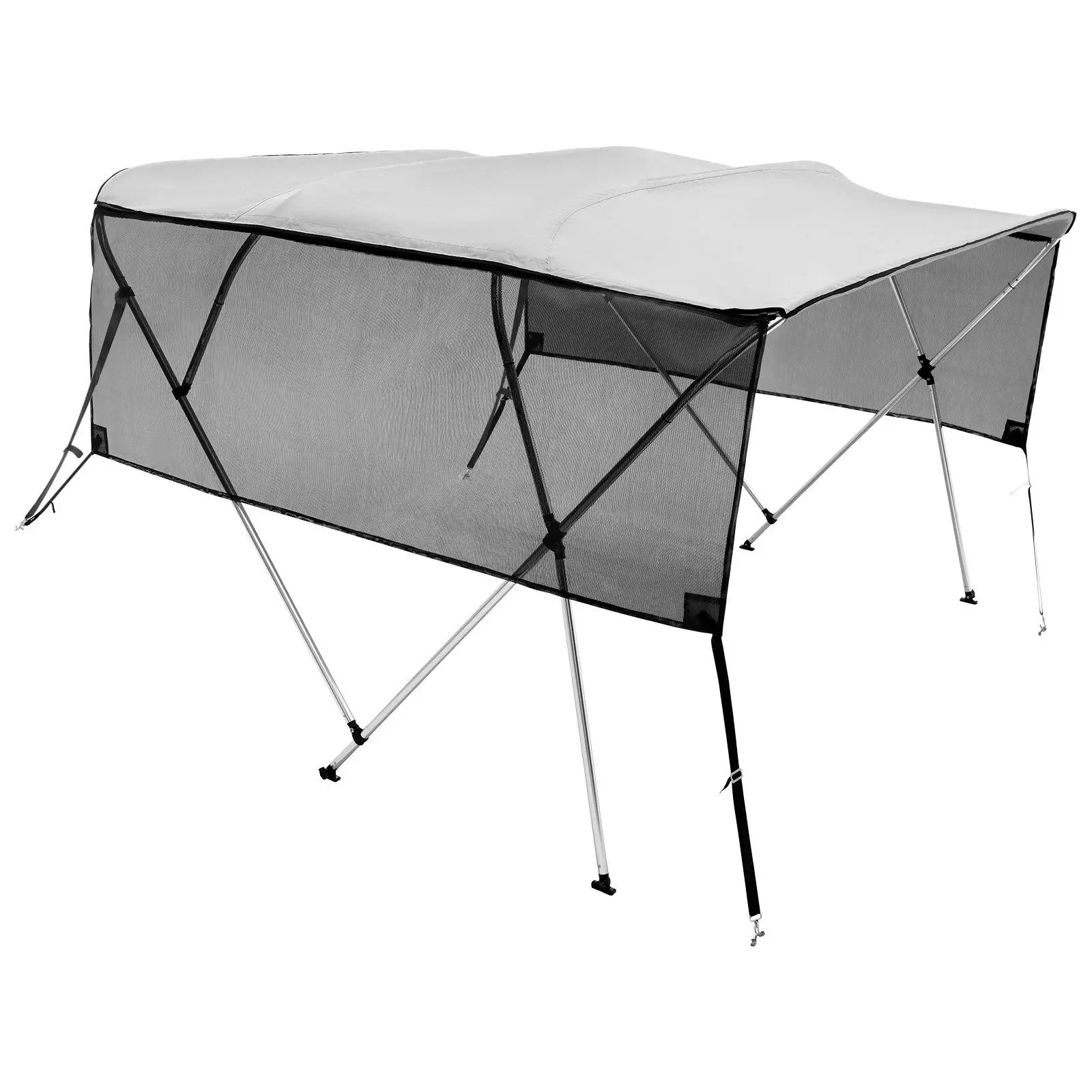 4 Bow Bimini Top Cover, 8'L x 54"H x 85"-90"W, 600D Polyester Boat Canopy with Detachable Mesh Sidewalls and 1" Aluminum Frame, Waterproof Boat Accessories, Light Grey, Marine Boat Accessories