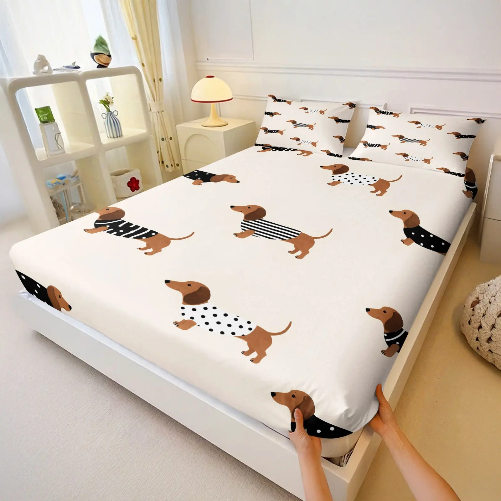 Cute Dachshund Dog Fitted Sheet Set, 1 Fitted Sheet + 2 Pillowcases, Cartoon Sausage Dog Printed Bedding Set, Soft, Comfortable & Breathable Microfiber, All Season Use, Deep Pocket, Non-Slip, Wrinkle & Fade Resistant