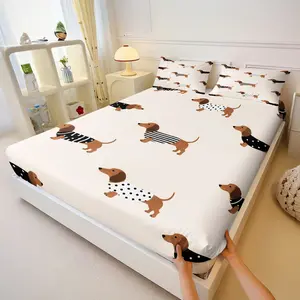 Cute Dachshund Dog Fitted Sheet Set, 1 Fitted Sheet + 2 Pillowcases, Cartoon Sausage Dog Print Bedding, Soft, Comfortable & Breathable Microfiber, All Season Use, Deep Pocket, Non-Slip, Wrinkle & Fade Resistant, Decorative Bedding Set