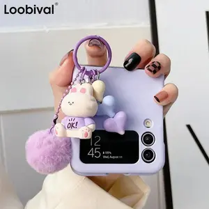 For Galaxy Z Flip6 Cartoon Bear Plush Heart Folding Case for Samsung Z Flip7 Zflip5 Z Flip 3 4 5 6 7 Slim Cover with Lanyard
