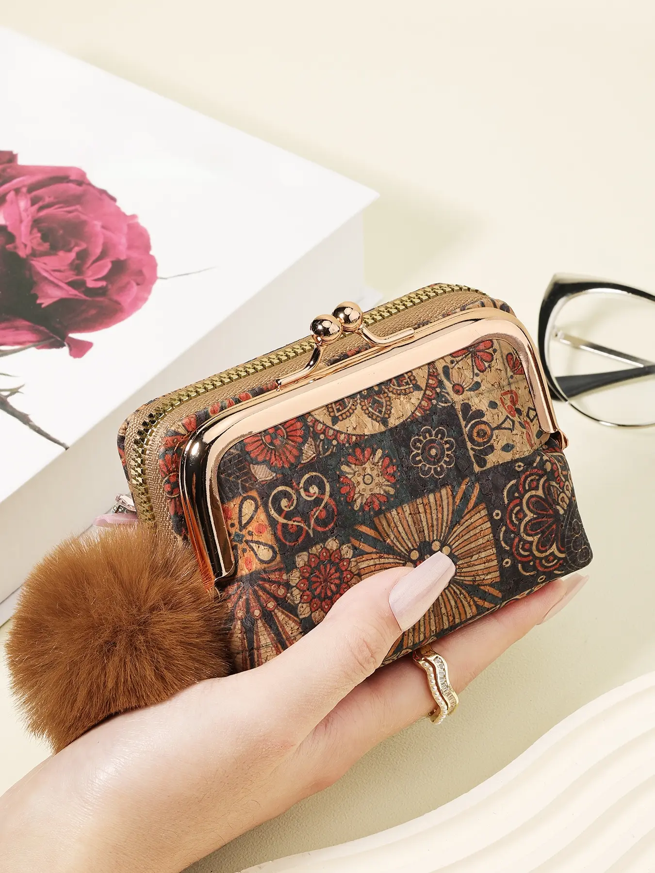 Women's wallet, multi card slot function wallet, Card Slots Wallet, Card Holder Wallet, With a Pom-pom Charm, cotton fabric folding zipper wallet, detachable for use, multifunctional large capacity wallet