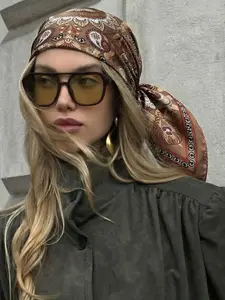 1pc Maillard red brown cashew flower printed silk scarf 70*70cm, multi-purpose scarf head wrap for beach vacation, fashionable and versatile bandana atmosphere decorative square scarf, Shawl Wrap