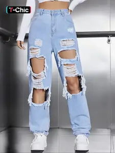 Women's High Waist Ripped Jeans, Fashion Casual Style Distressed Straight Leg Denim Pants, Destroyed Hole Jeans, Lady Bottoms for Daily Wear Streetwear