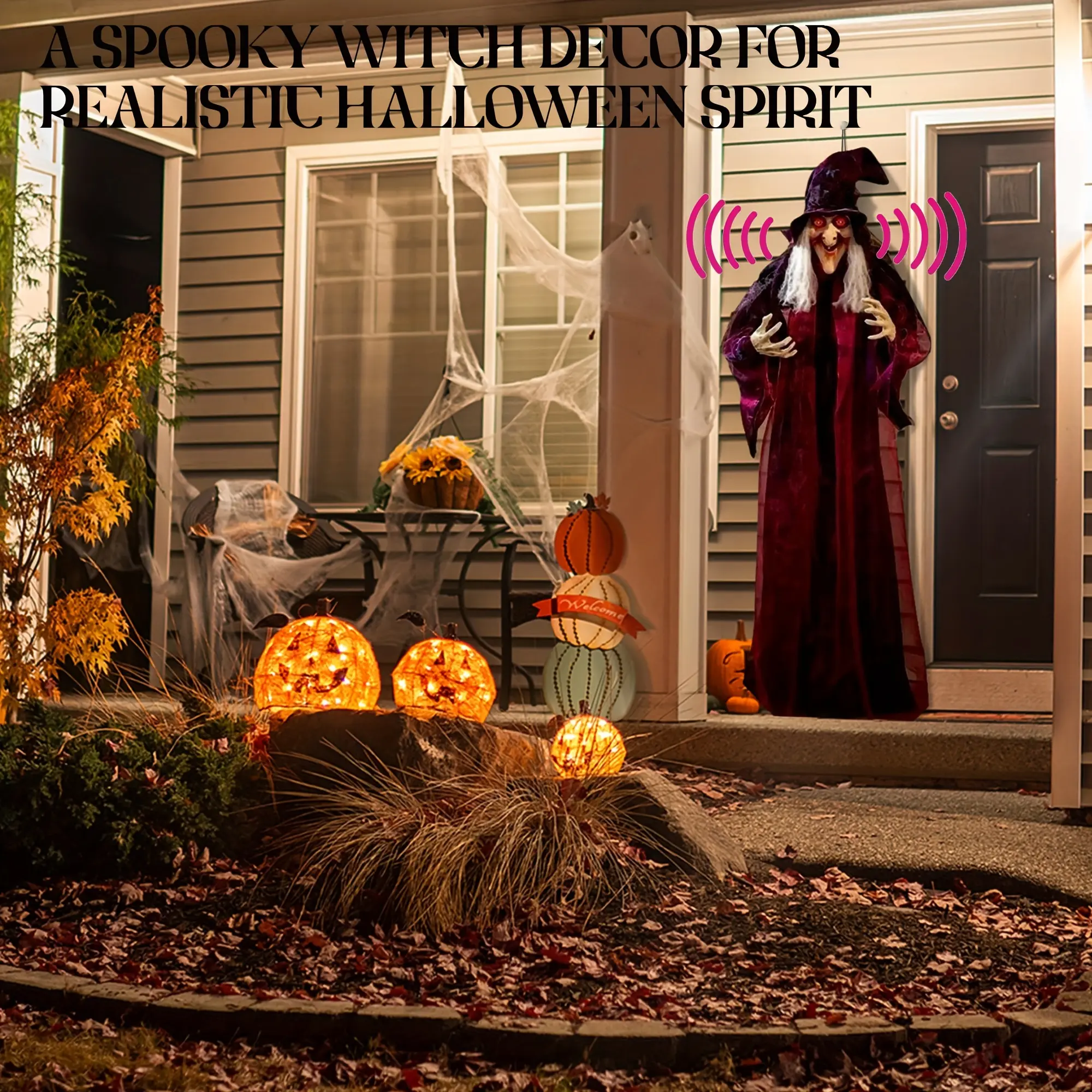 Halloween Hanging Witch Decoration with Moving Head and Sound Effects, Witch Decorationfor Garden Lawn Indoor Party Holiday Decor