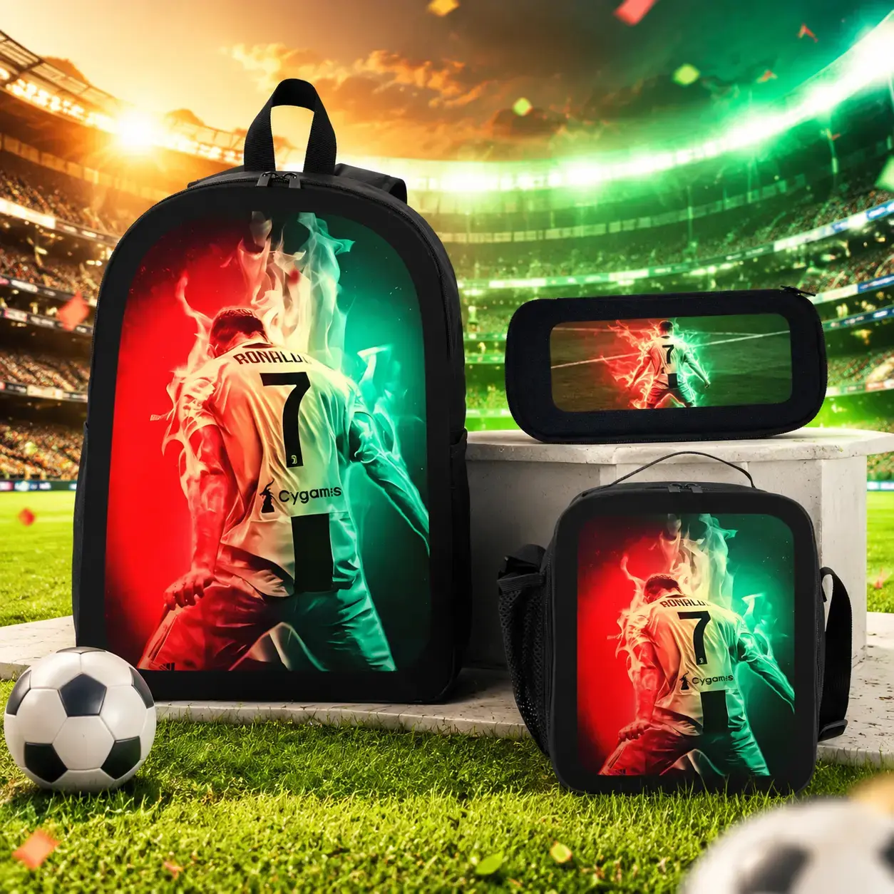Unisex Youth CR7 Print 3-Piece Athletic Backpack Set for 12-13 Years Students, Soccer Players’ Back to School Gym Bag with Padded Straps, Insulated Lunch Box, Built-In Organizer (2026-2027),back to school,back to school haul