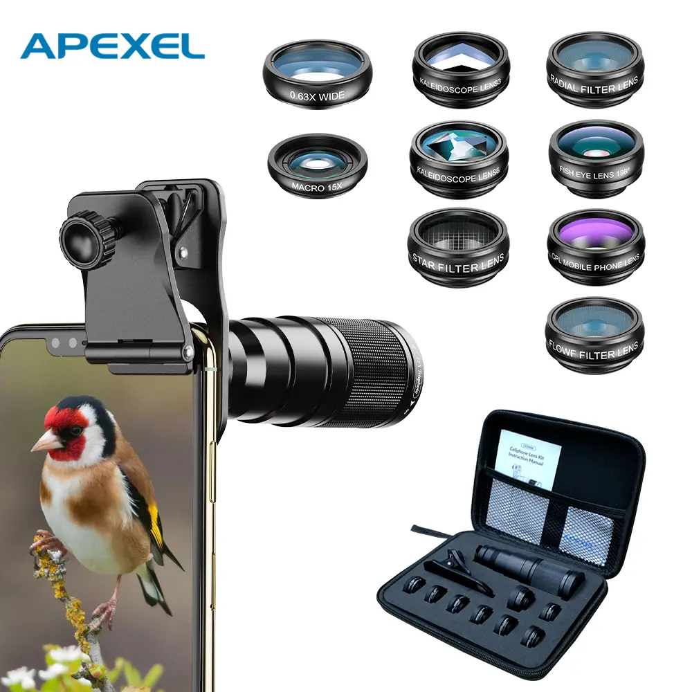APEXEL 10-in-1 Smartphone Lens Kit 22X Telephoto Ultra-Wide Macro Filter Combo Clip-On Lenses for Apple & Android Phones Ideal Christmas Gift for Travel Photography
