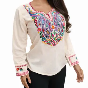 Blusa Pavo Real - Embroidered Long Sleeve Mexican Blouse with Peacock Design Vibrant Floral Patterns & Stylish Cuff Details Made in Mexico for Womenswear - Shirts