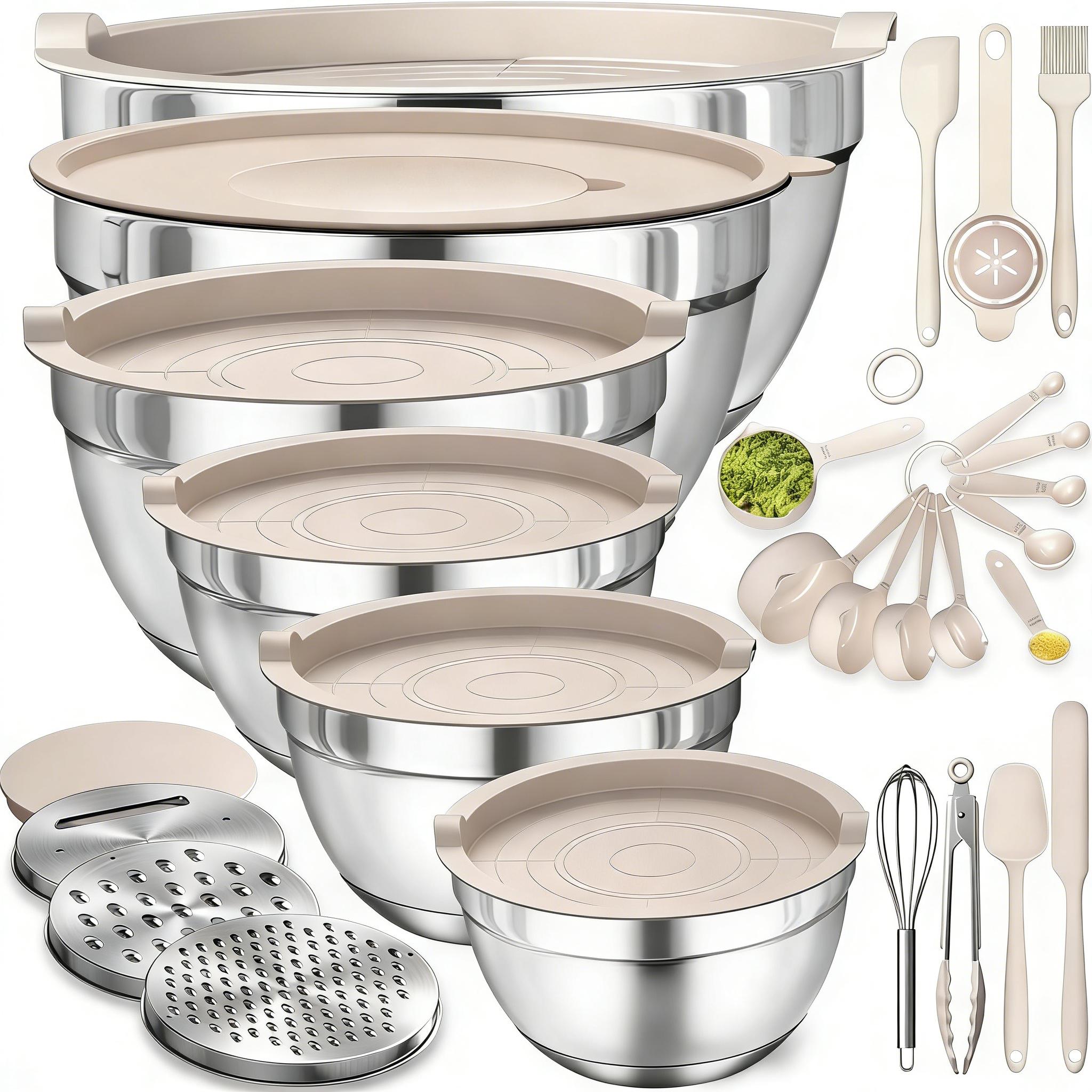 21Piece Mixing Bowls Set with Airtight Lids 7 Stainless Steel Kitchen Bowls 3 Grater Attachments Multifunctional Nesting Bowls for Baking Serving Food Prep Storage Space Saving Home Kitchen Gadgets