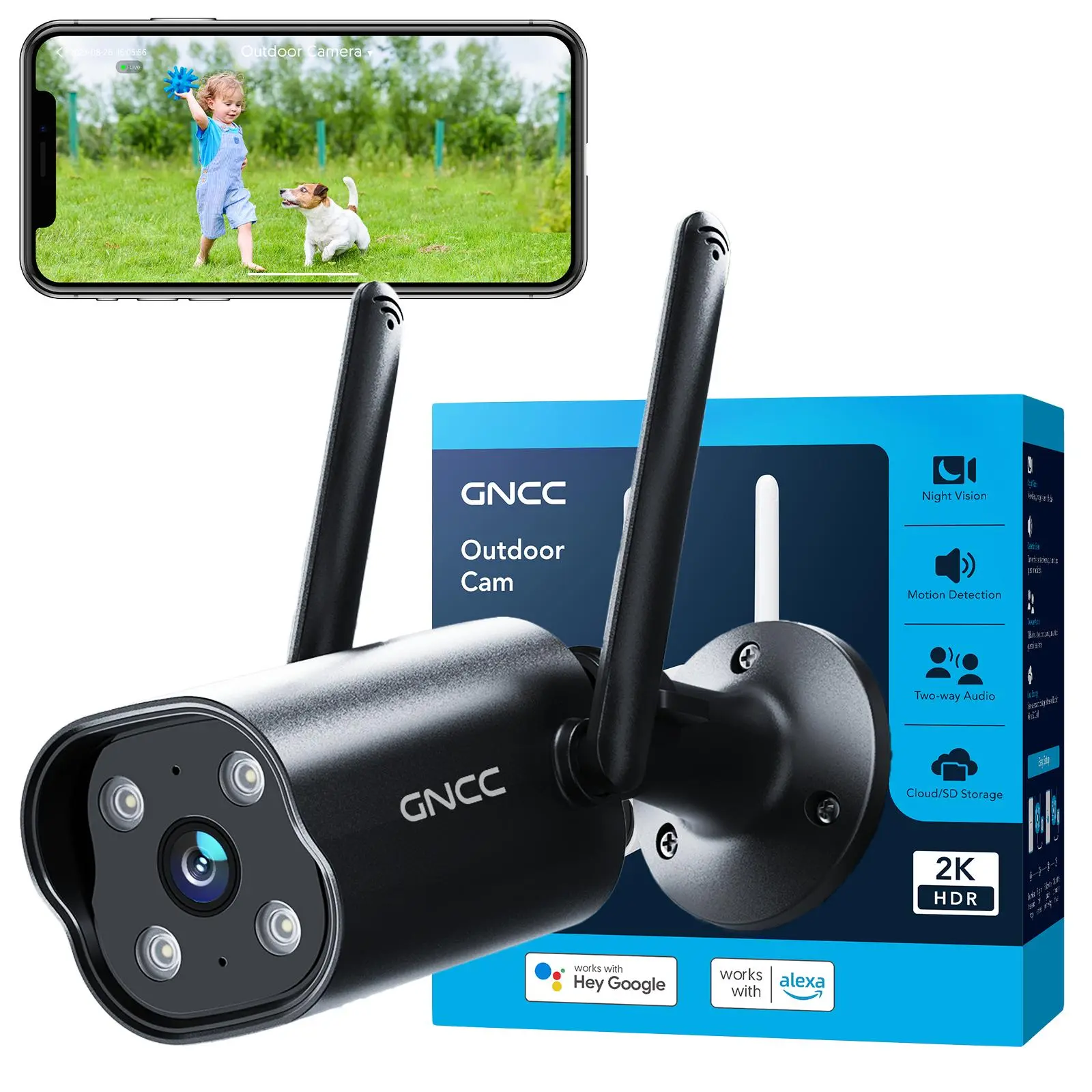 GNCC T1Pro Wired Outdoor Security Camera - Corded (No Battery Needed), Night Vision, WiFi Monitoring, 2-Way Audio, Local Micro SD Compatible, Alexa Support, Cloud Storage, Recording, Accessory for Wired Systems