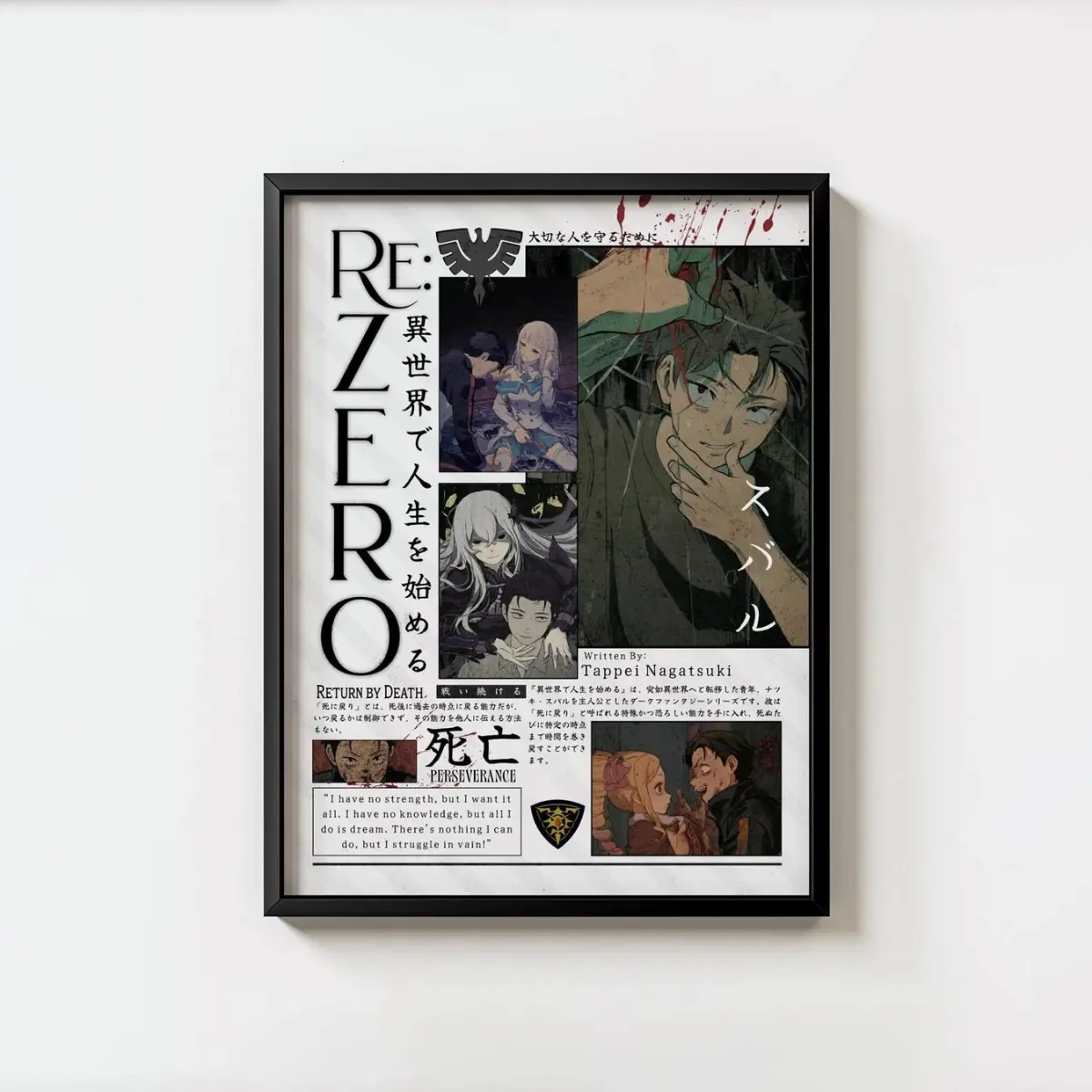 Re:zero Poster, Subaru Natsuki Anime Wall Art, Return by Death Canvas, High Quality Art Prints, Home Decor, Gifts for Him Her Otaku