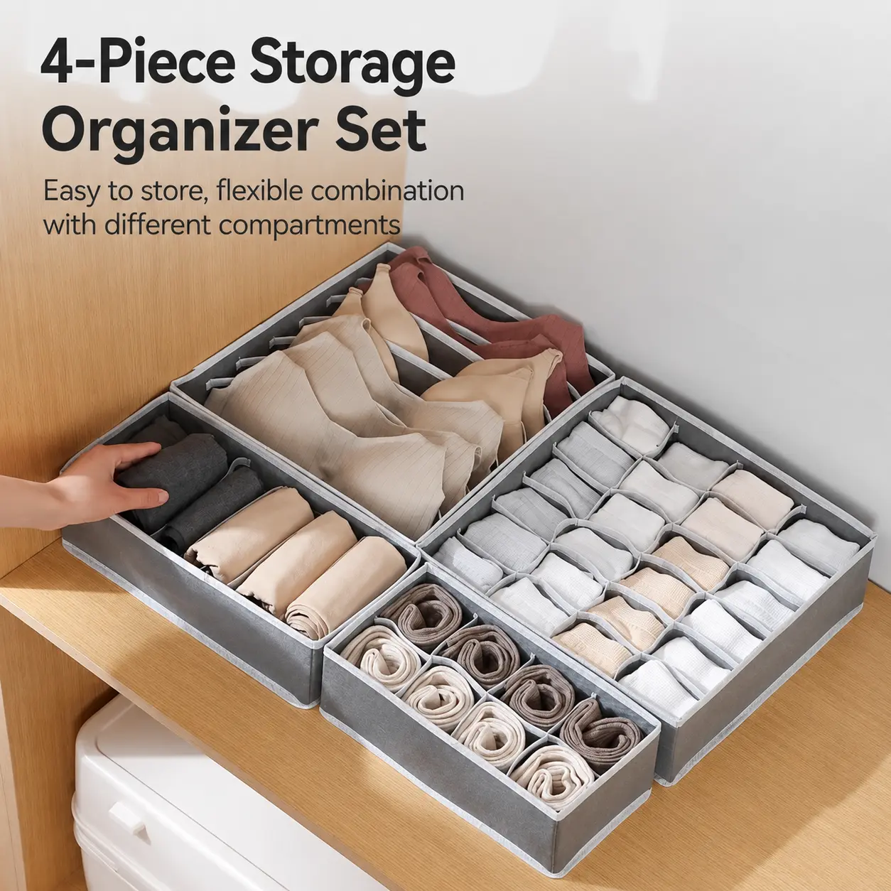 8‑Grid Gray Drawer Organizer, Fold‑able Divider Storage Box for Socks, Bras and Underwear, Suitable for Under‑Cabinet Drawer
