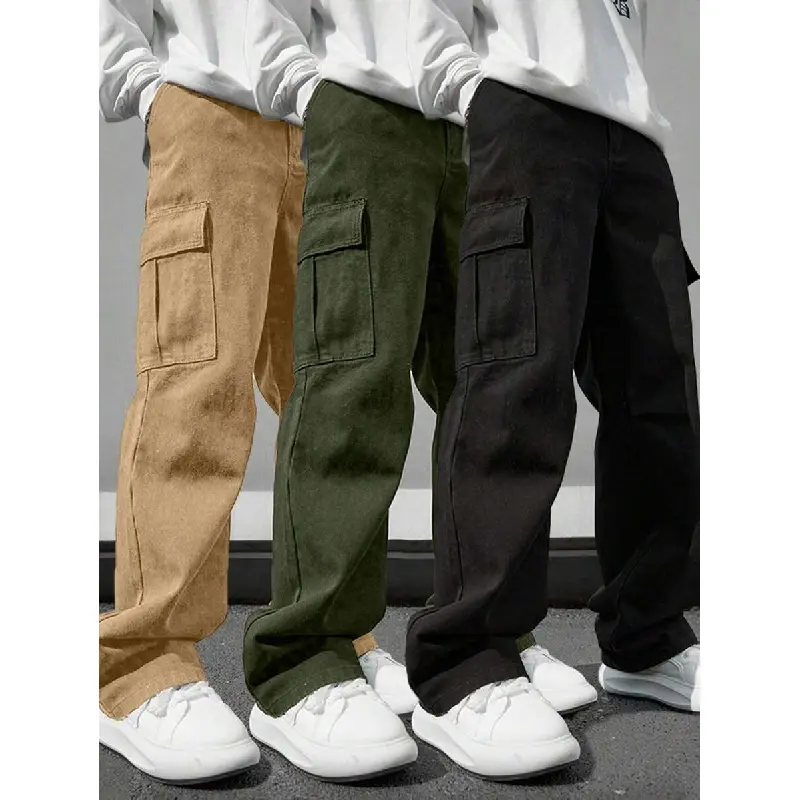 Boys Clothing 3pcs Tween Casual Solid Wide-Leg Cargo Long Pants (Sizes 8-16y) with Large Pockets, Kids Clothing Boys Outdoor Wear Set Including Autumn/Winter Dino Graphic Tee, Letter Print Hoodie & Thermal Lined Polo-DY