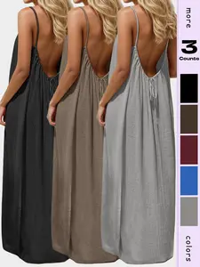 Women's Backless Strapless Dress, Casual Sleeveless Long Sundress with Back Tie Design, Minimalist Pure Color Home Wear, Womenswear