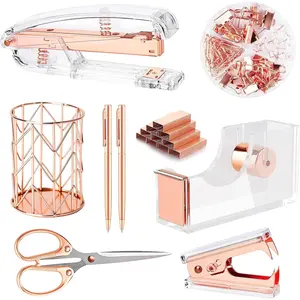 Rose Gold Desk Accessories，Office Supplies Set Acrylic Stapler Set Staple Remover, Tape Holder, 2 Ballpoint Pen, Scissor, Binder/Paper Clips and 1000pcs Staples.