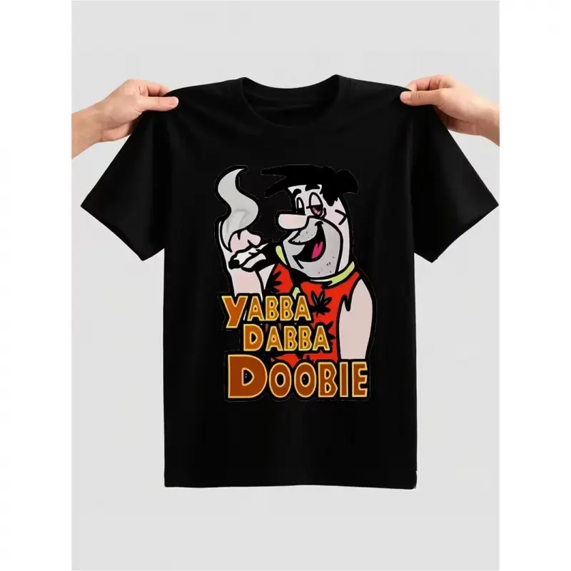 Women's Cotton Short-Sleeve Classic Round Neck T-Shirt - Yabba Dabba Doobie Fred Flintstone Print, Funny Stoner Cartoon Graphic, Retro 420 Casual Outfit, The Flintstones Meme Tee