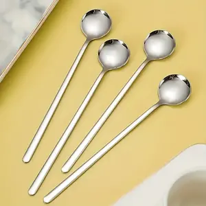 Set of 4 Coffee Spoons, Silver Teaspoons with Long Handles, Mixing Spoons Made of Food-Grade