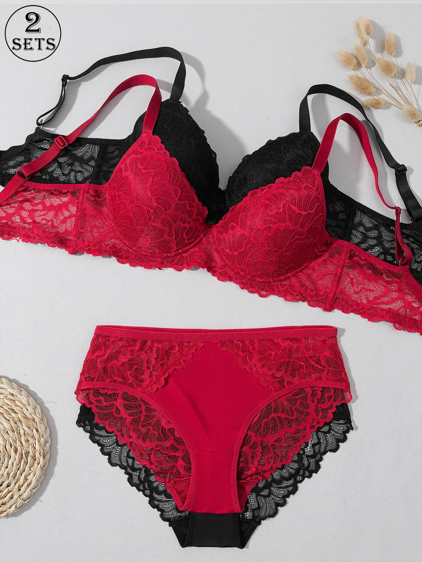 2 sets of women's lace underwear set, Womenswear, with underwire deep V gathering 3D support cup lace splicing adjustable shoulder straps not running cups for dating commuting home multi-scene sexy Elegant women's bra underwear combination