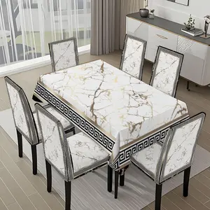 5/7-piece 2D Flat Printing Black and Gold Marble Geometric Frame Pattern Tablecloth and Chair Cover Set Dining Chair Protector, Dining Chair Slipcover, for dining decoration, for home, holiday gatherings, restaurants, and parties