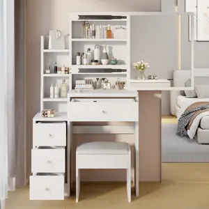 Small Space Left Bedside Cabinet Vanity Table + Cushioned Stool, Extra Large Right sliding mirror, multi layer high capacity storage, Practical Fashionable Dresser, Suitable For Small Space，29.2"，dressers for bedroom，vanity mirror，vanity chair