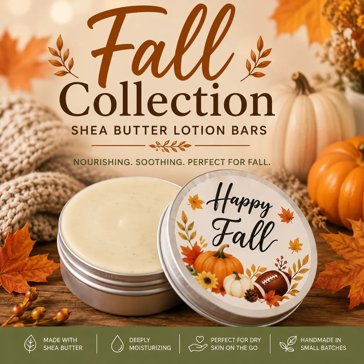 Handmade Shea Butter Lotion Bars - Fall Collection Pumpkin Body Moisturizer, Grease-Free Solid Bar That Melts With Hands, Deeply Hydrates Dry Skin for Long-Lasting Effects