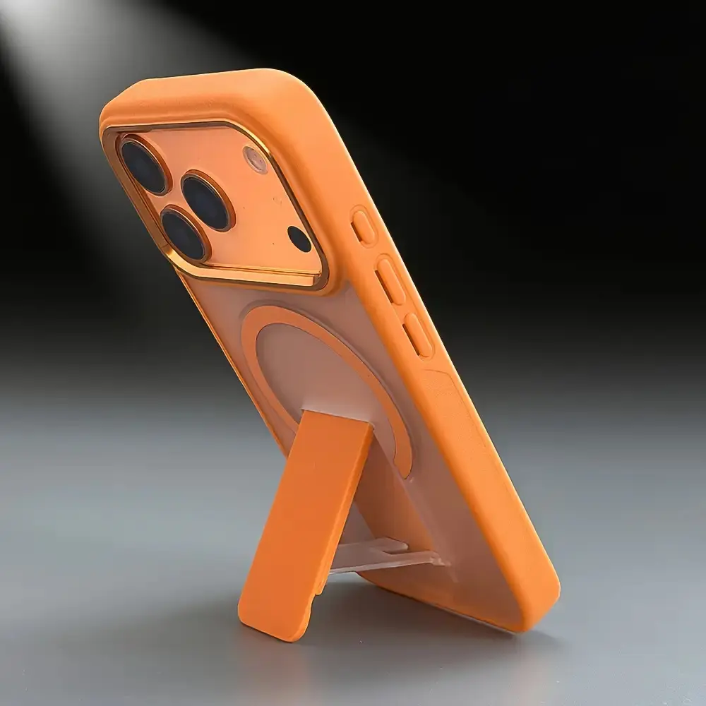 Luxury Magnetic Wireless Charging Acrylic Case for iPhone 13,14,15,16,17 Pro Max Air Plus, Smartphone Cover with Hidden Stand, Shockproof Protective Armor, Matte Semi-Transparent Acrylic Shell, Metal Ring Camera Protection, Anti-Drop Cellphone Accessory,,