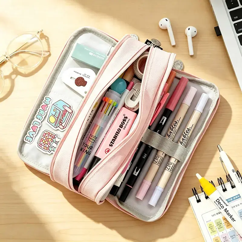 3-Compartment Large-Capacity Pencil Pouch - Home Organizer Storage Bag for Students, School/Office Stationery Supplies