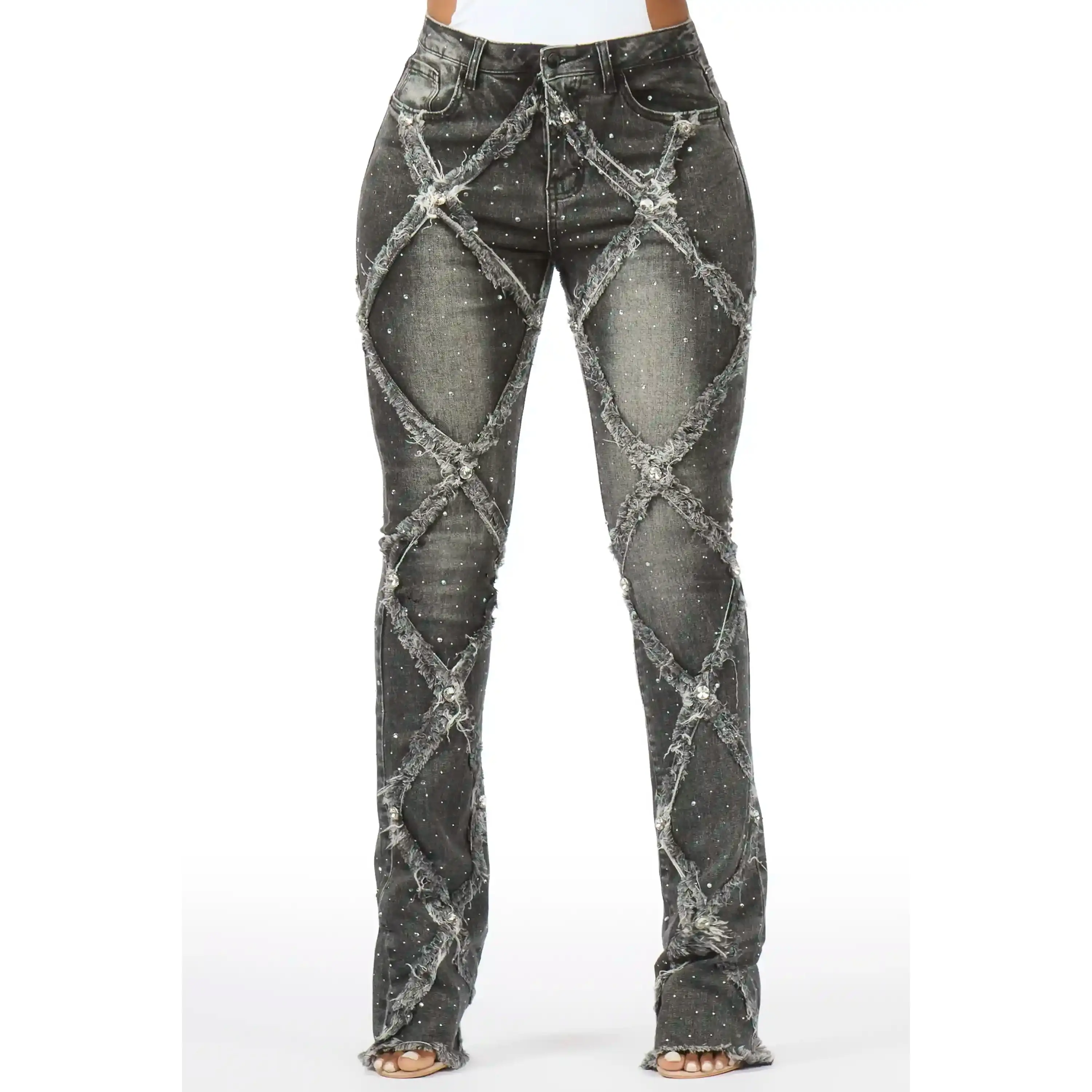 Keericka Grey Wash Rhinestone Stacked Flare Jean